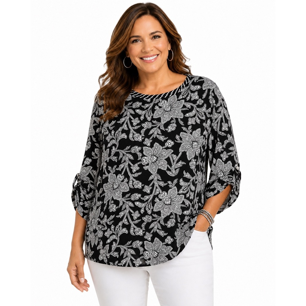 Chico's Black White Floral Paisley Tunic Top 3/4 Sleeve Size 3 XL